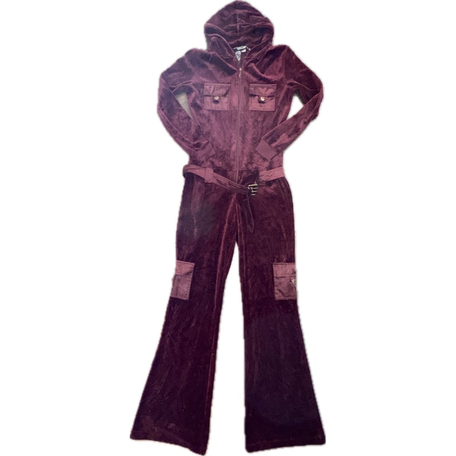 Vtg Y2k 90s Retro Flare Leg Low Waist Jumpsuit Small Velour Velvet Plush Hoodie